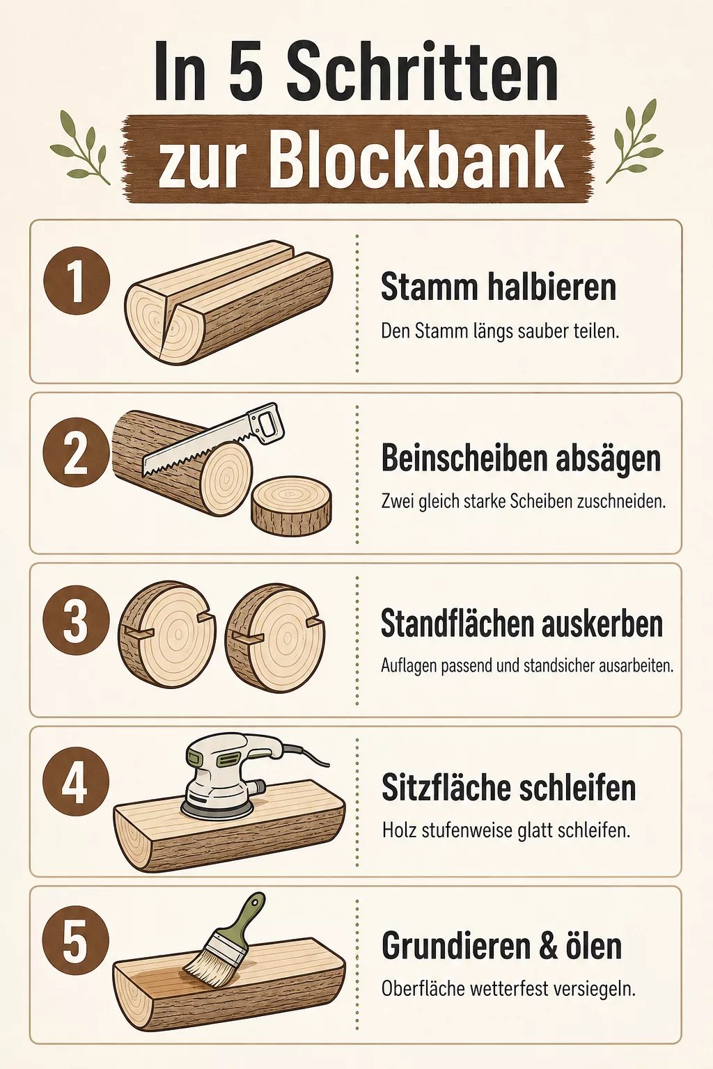 Grafik: In 5 Schritten vom Baumstamm zur Blockbank