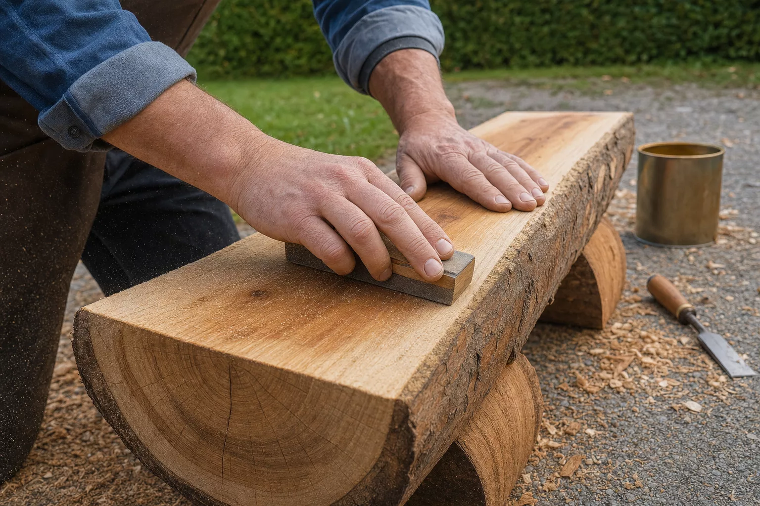 Hände schleifen die Sitzfläche einer Bank aus Baumstamm