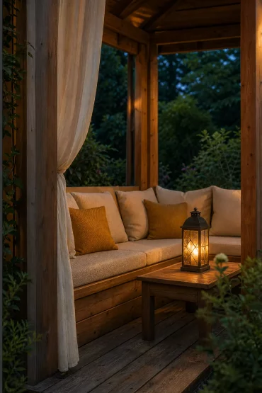 Gemütlich eingerichtete Gartenlaube mit Sitzkissen und Laterne am Abend