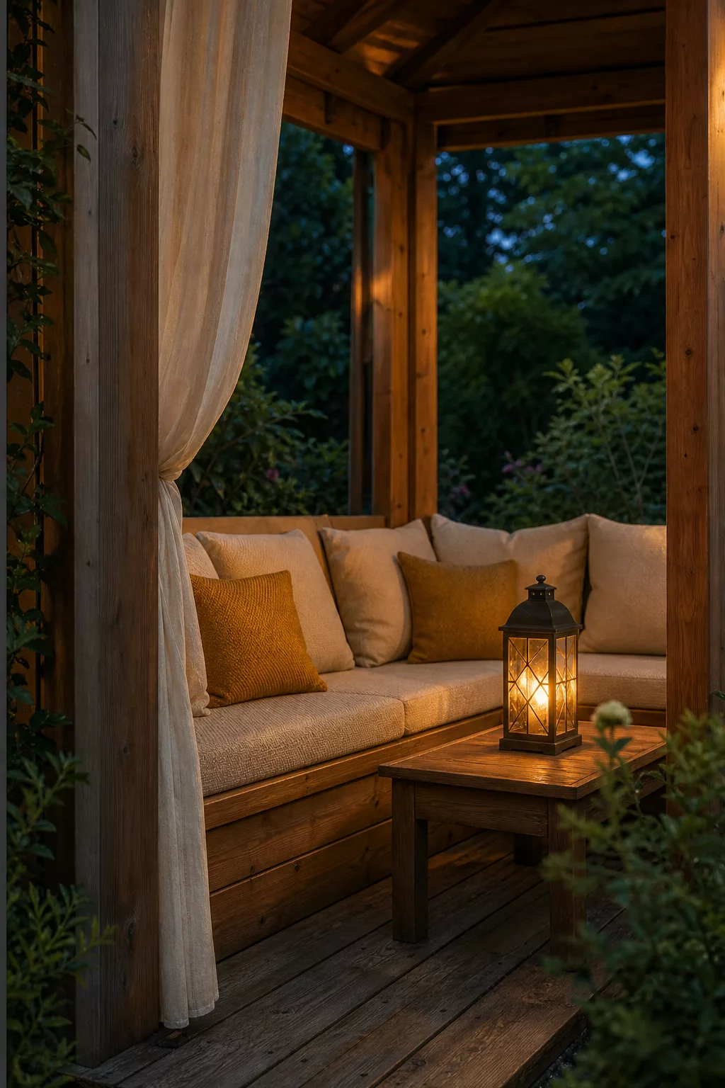 Gemütlich eingerichtete Gartenlaube mit Sitzkissen und Laterne am Abend