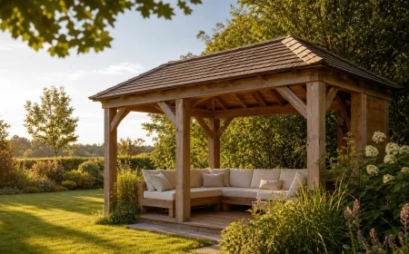 Überdachte Gartenlaube aus Holz mit Sitzplatz im sommerlichen Garten