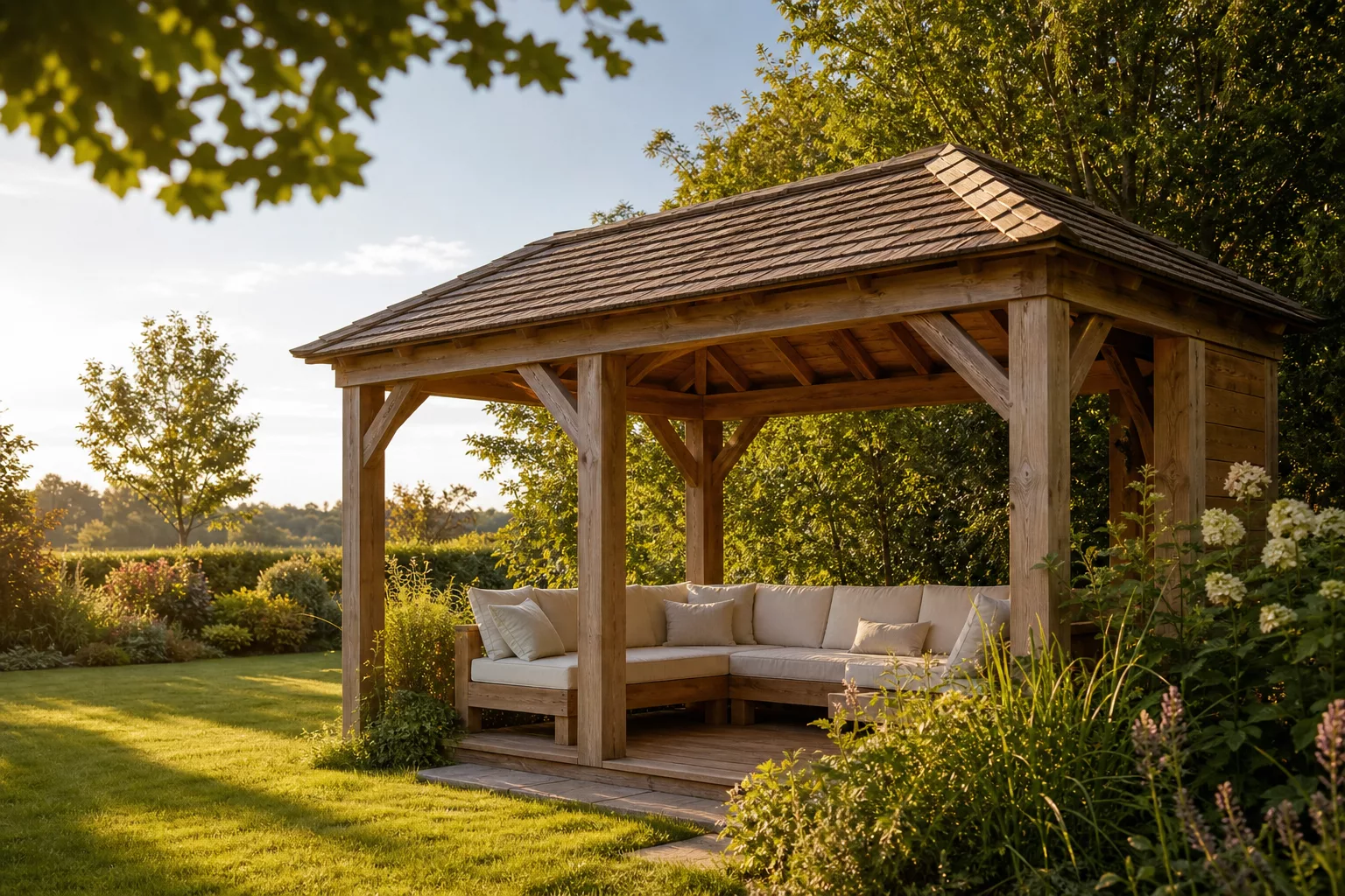 Überdachte Gartenlaube aus Holz mit Sitzplatz im sommerlichen Garten