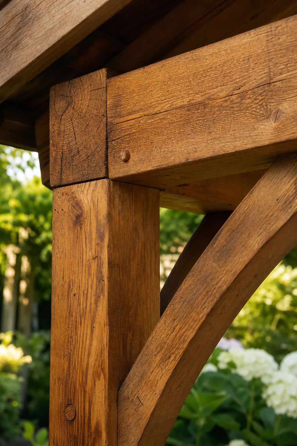 Nahaufnahme einer Holzverbindung mit sichtbarer Maserung im Sonnenlicht
