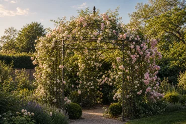 Berankte Laube aus Metall mit blühenden Kletterrosen im Garten
