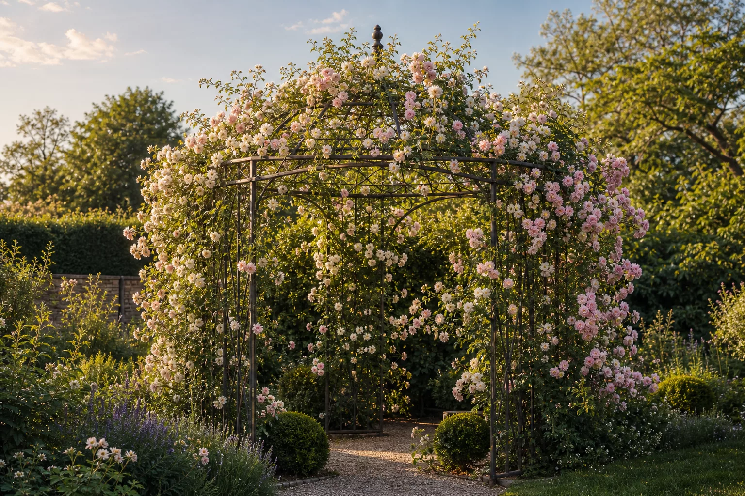 Berankte Laube aus Metall mit blühenden Kletterrosen im Garten