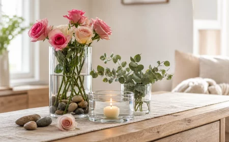 Glas Deko mit Blumen, Dekosteinen und Schwimmkerze auf Holztisch
