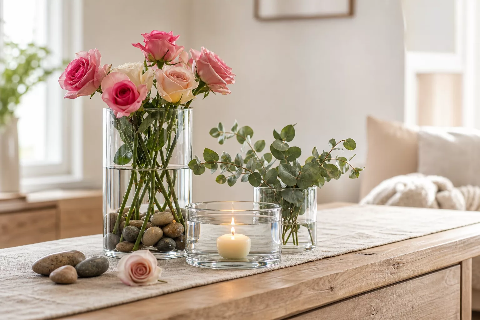 Glas Deko mit Blumen, Dekosteinen und Schwimmkerze auf Holztisch