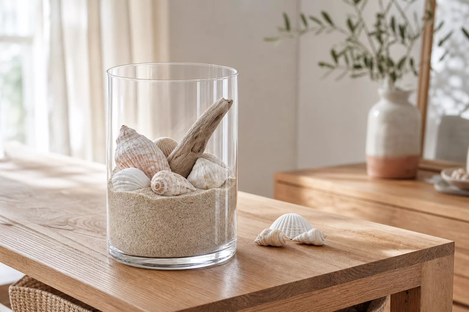 Sommerliche Glas Deko mit Muscheln, Sand und Treibholz