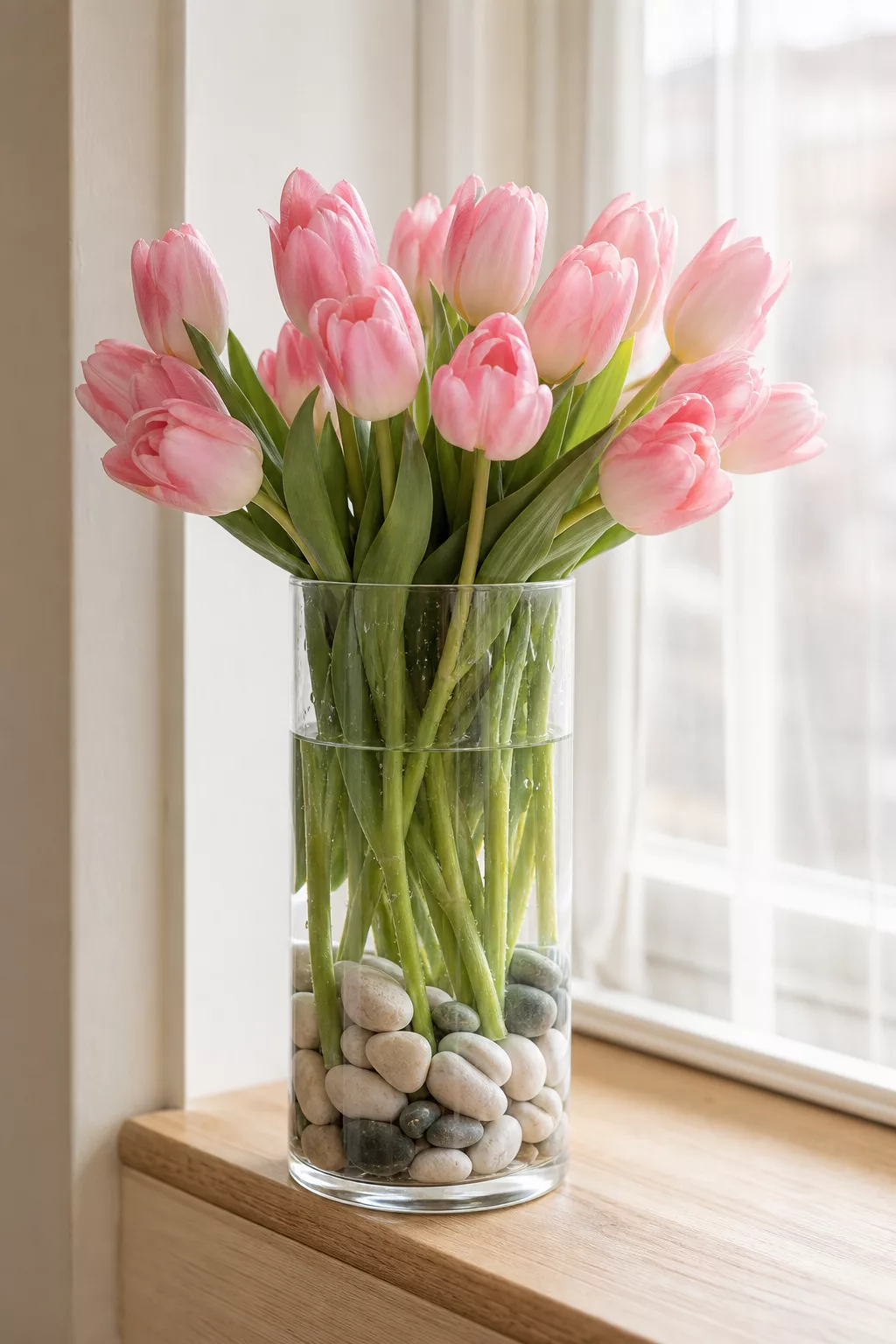 Rosa Tulpen in schlanker Glasvase mit Dekosteinen als Halt