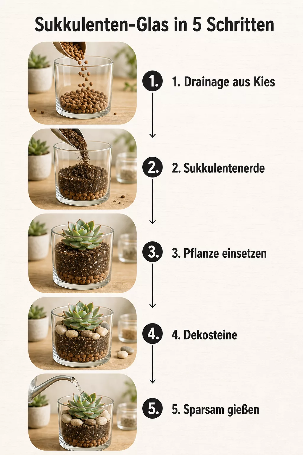 Infografik Sukkulenten-Glas anlegen in fünf Schritten