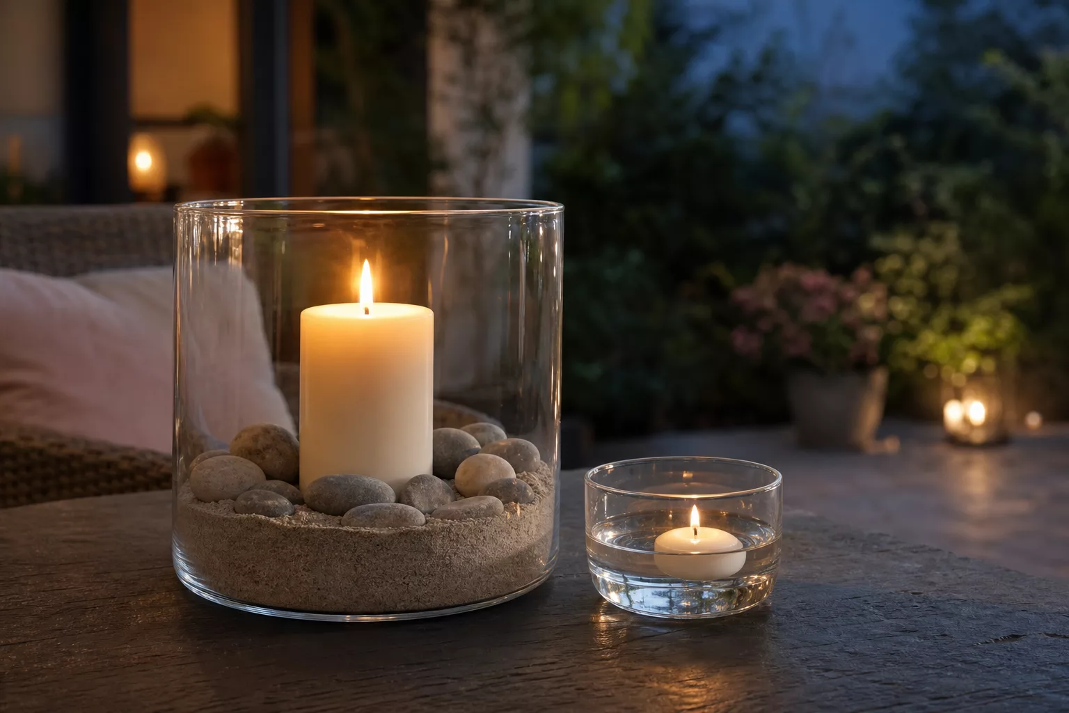 Windlicht im Glas mit Sand, Steinen und brennender Kerze