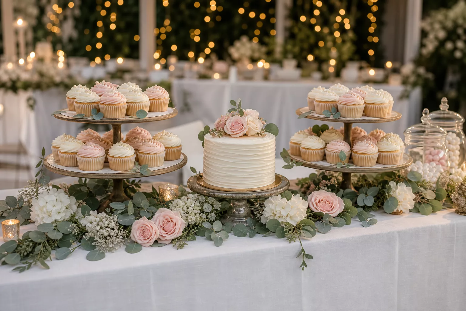 Candybar mit gestapelten Hochzeits-Cupcakes und kleiner Anschnitttorte