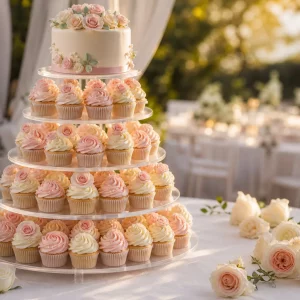 Hochzeits-Cupcakes auf mehrstöckiger Etagere mit Zuckerrosen und Perlen