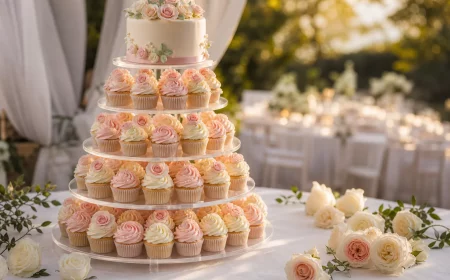 Hochzeits-Cupcakes auf mehrstöckiger Etagere mit Zuckerrosen und Perlen