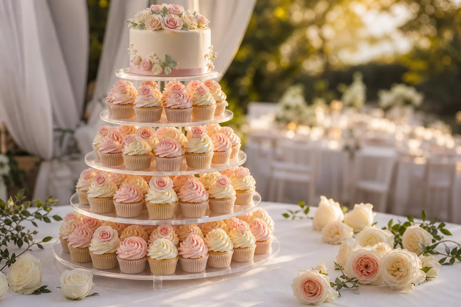 Hochzeits-Cupcakes auf mehrstöckiger Etagere mit Zuckerrosen und Perlen