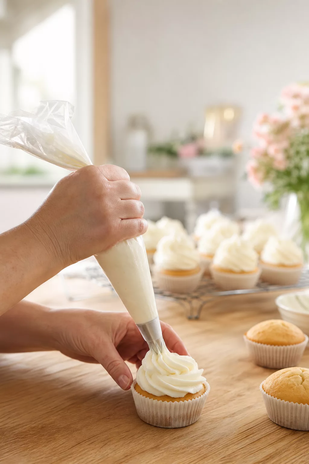 Buttercreme wird von Hand auf ein Cupcake gespritzt