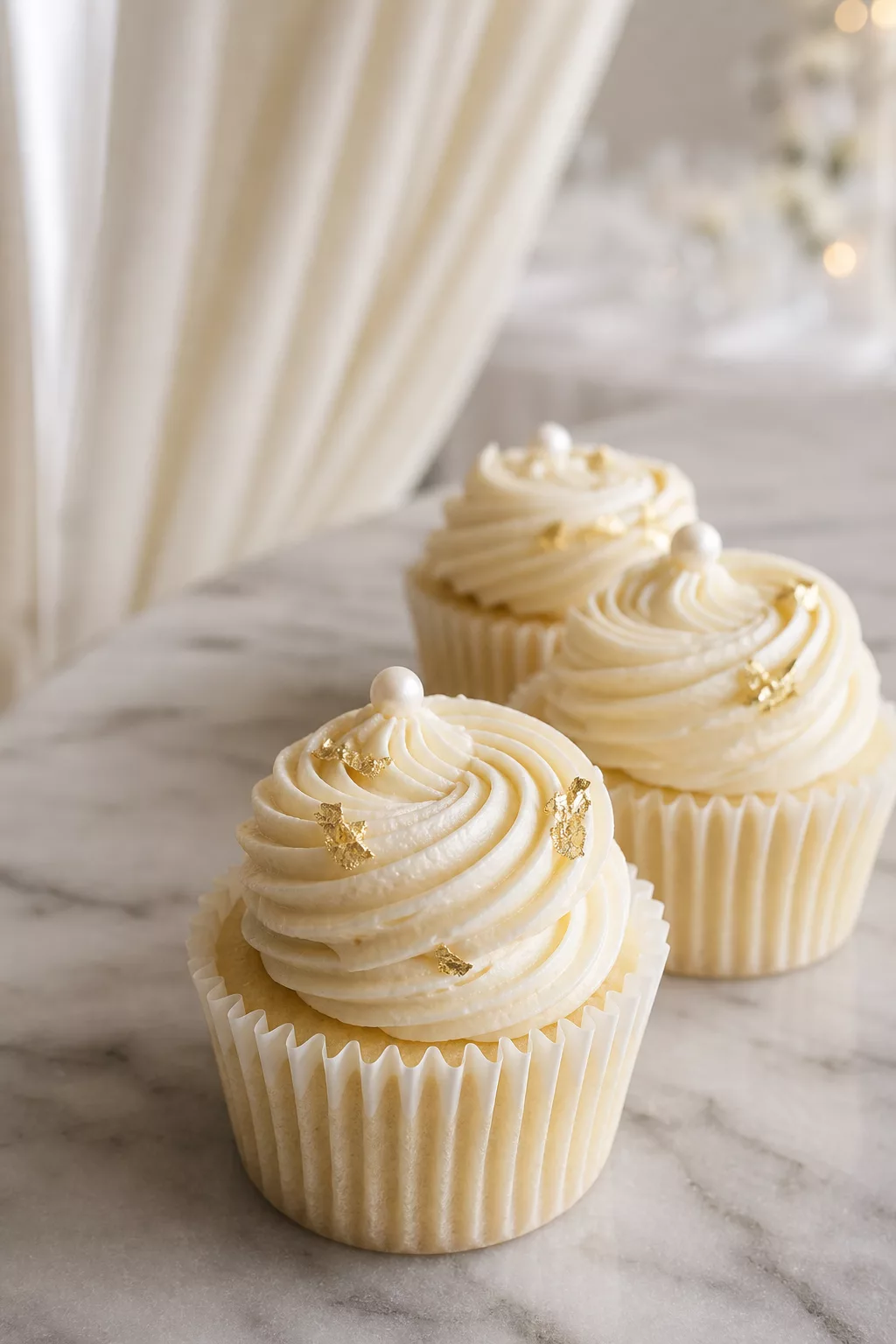 Elegante monochrome Cupcake-Deko in Elfenbein und Gold