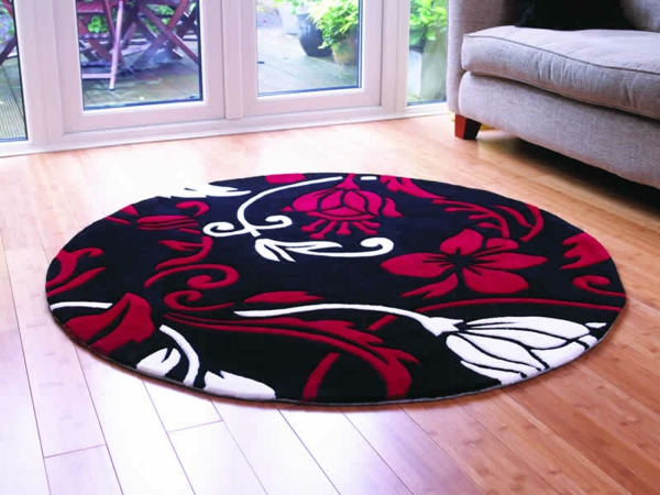modernes-beispiel-für-kleine-runde-teppiche- in rot, schwarz und weiß