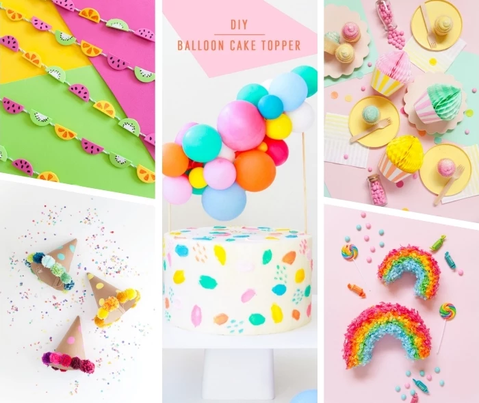 party deko geburtstag, kindergeburtstag deko ideen, farbenfrohe dekorationen aus papier, lufballon cake topper