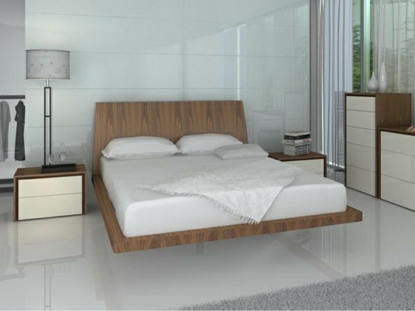 modernes Schlafzimmer mit schwebendem Bett aus Holz