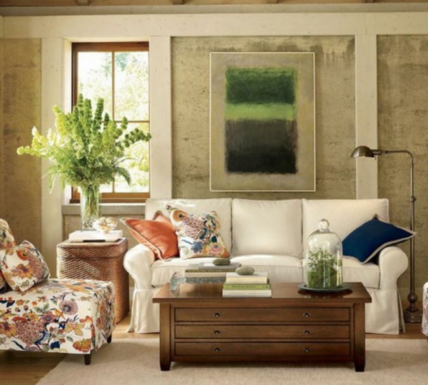vintage- design möbel-modernes-sofa-weiss-mit-dem-Bild-an-der-Wand