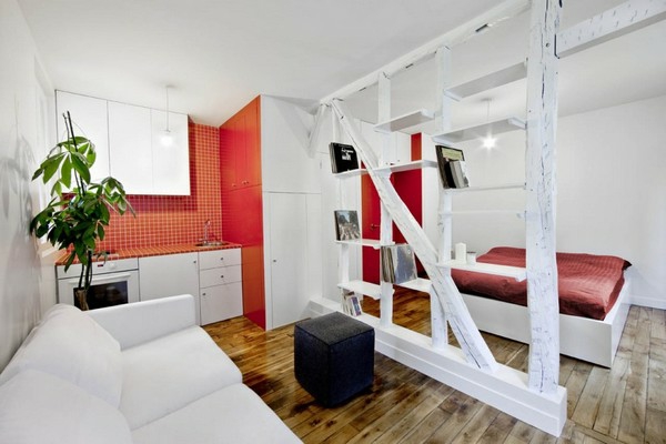 wohnideen-für- kleine-wohnung-schlafzimmer-und-wohnzimmer-zusammenbringen- rot und weiß
