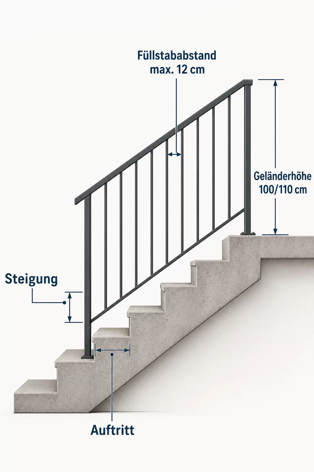 Grafik zu Steigung, Auftritt und Geländerhöhe der Treppe