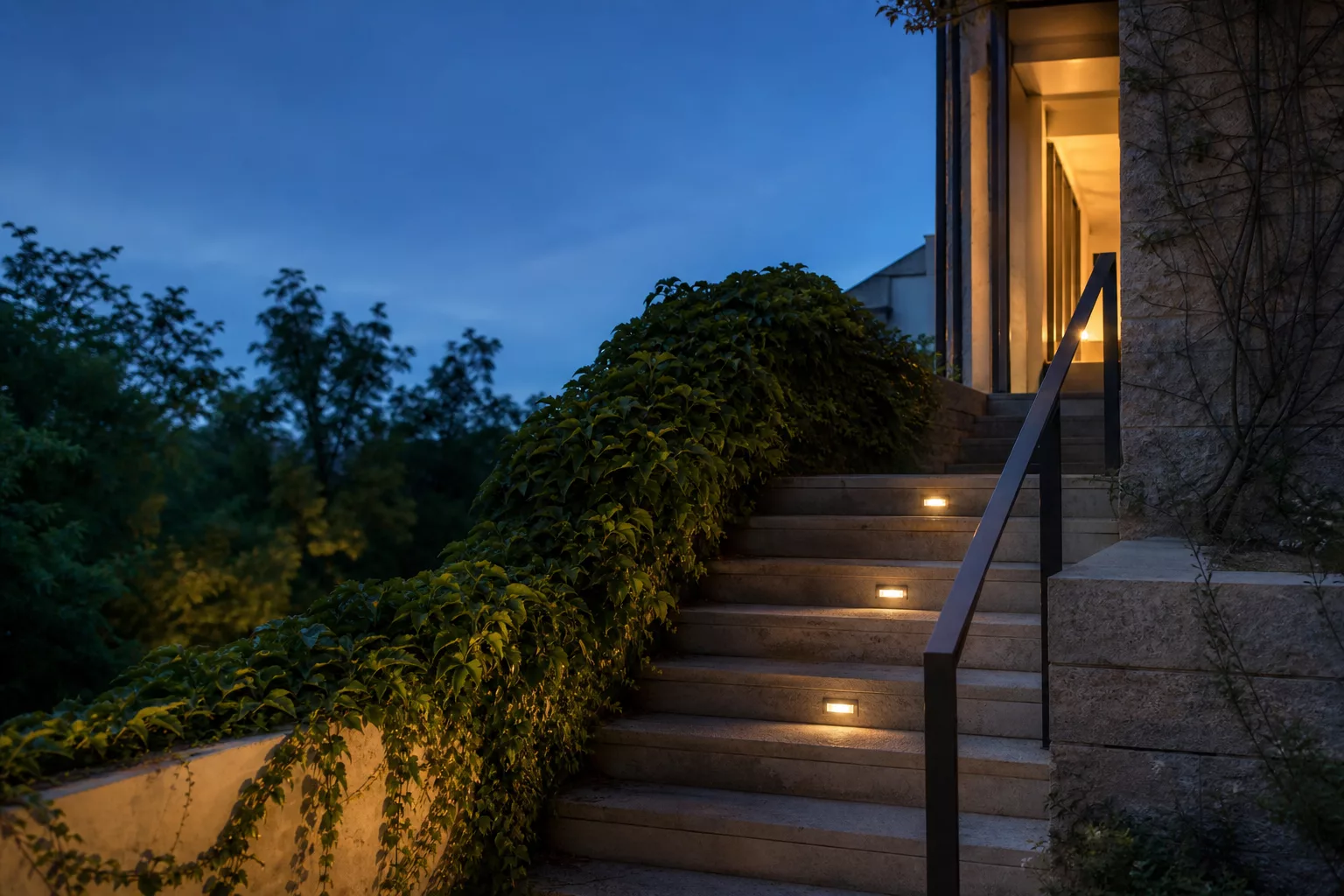 Begrünte Treppe mit warmem Stufenlicht am Abend