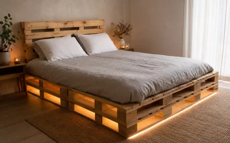 Bett aus Paletten in gemütlichem Schlafzimmer mit warmem LED-Licht