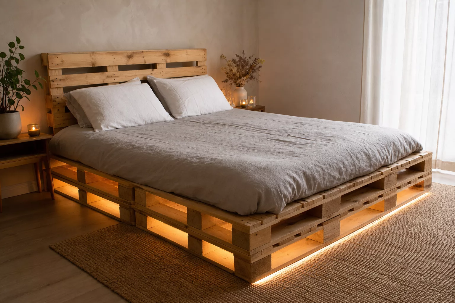 Bett aus Paletten in gemütlichem Schlafzimmer mit warmem LED-Licht