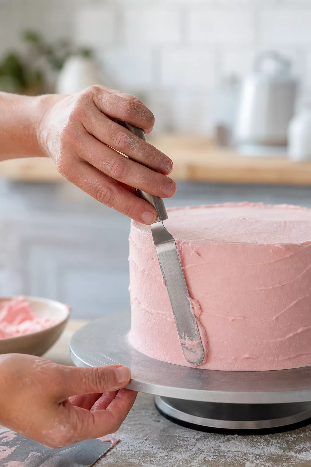 Hände glätten Buttercreme auf einer Torte mit einem Spachtel