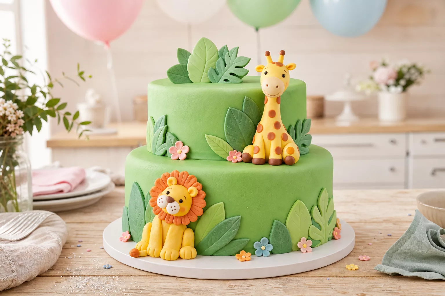 Bunte Dschungeltier Motivtorte mit Löwe und Giraffe für einen Kindergeburtstag