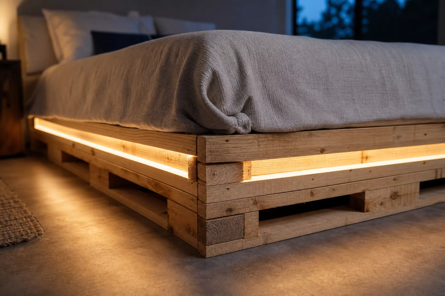 Palettenbett mit warmweißem LED-Streifen als Schwebeeffekt