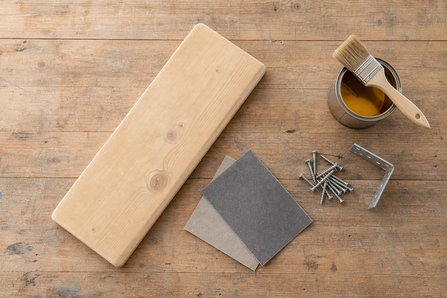 Palettenholz mit Schleifpapier, Schrauben und Holzöl als Materialien