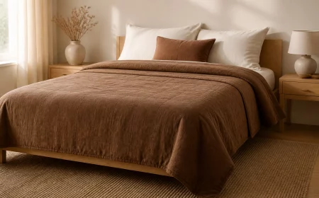 Modernes Schlafzimmer mit Tagesdecke in Braun und cremefarbener Wand