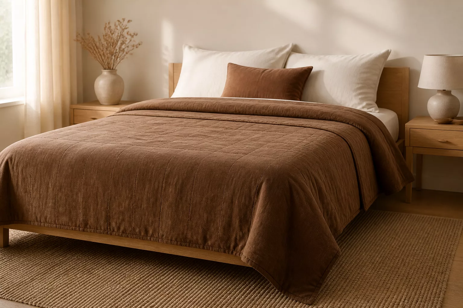 Modernes Schlafzimmer mit Tagesdecke in Braun und cremefarbener Wand