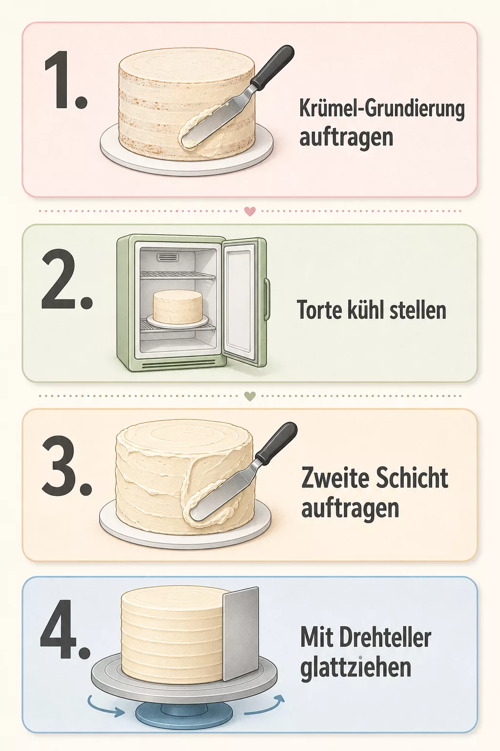 Grafik zeigt vier Schritte zum glatten Einstreichen einer Torte
