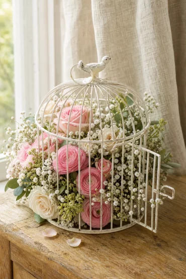 Mit Rosen und Schleierkraut bepflanzter Vogelkäfig Deko im Detail