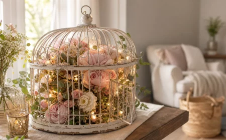 Weißer Vintage-Vogelkäfig mit Rosen und Lichterkette als Vogelkäfig Deko