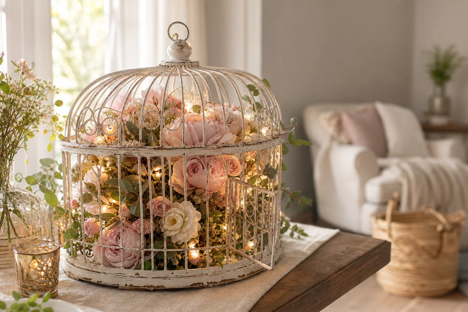 Weißer Vintage-Vogelkäfig mit Rosen und Lichterkette als Vogelkäfig Deko