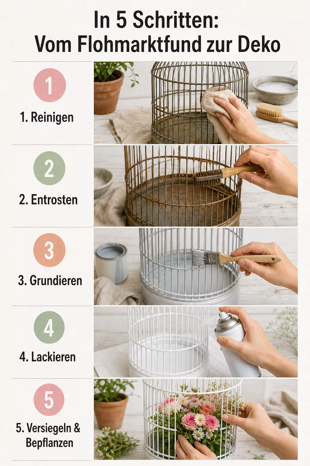 Infografik: Vogelkäfig in 5 Schritten vom Flohmarktfund zur Deko vorbereiten