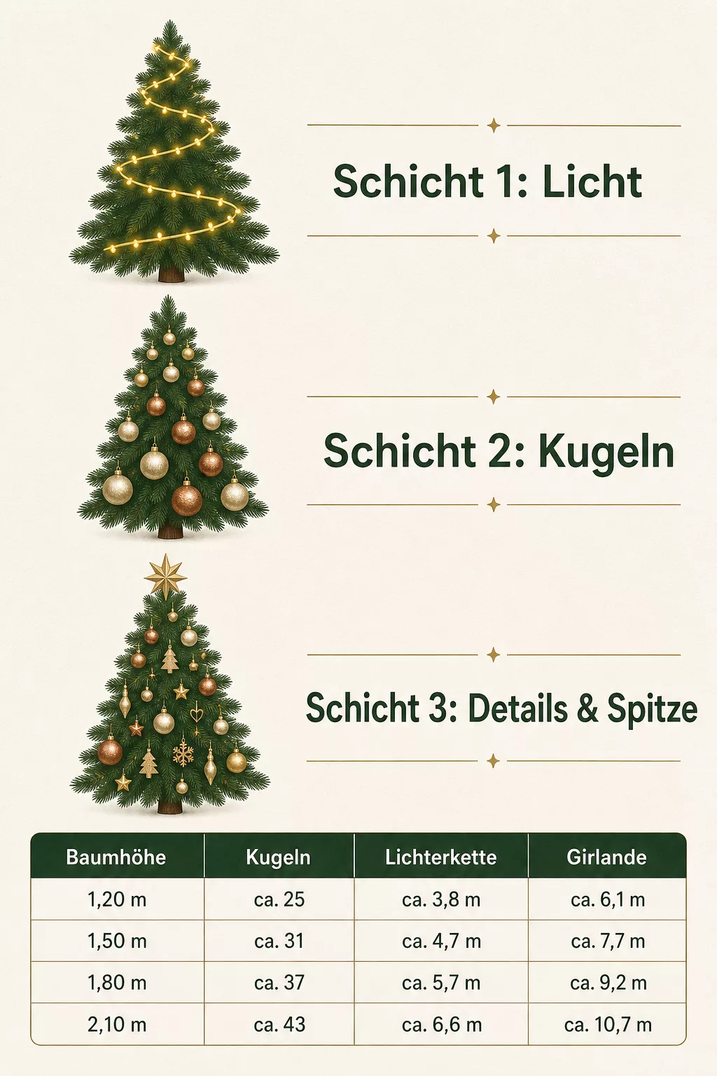 Infografik Weihnachtsbaum in drei Schichten schmücken mit Mengentabelle