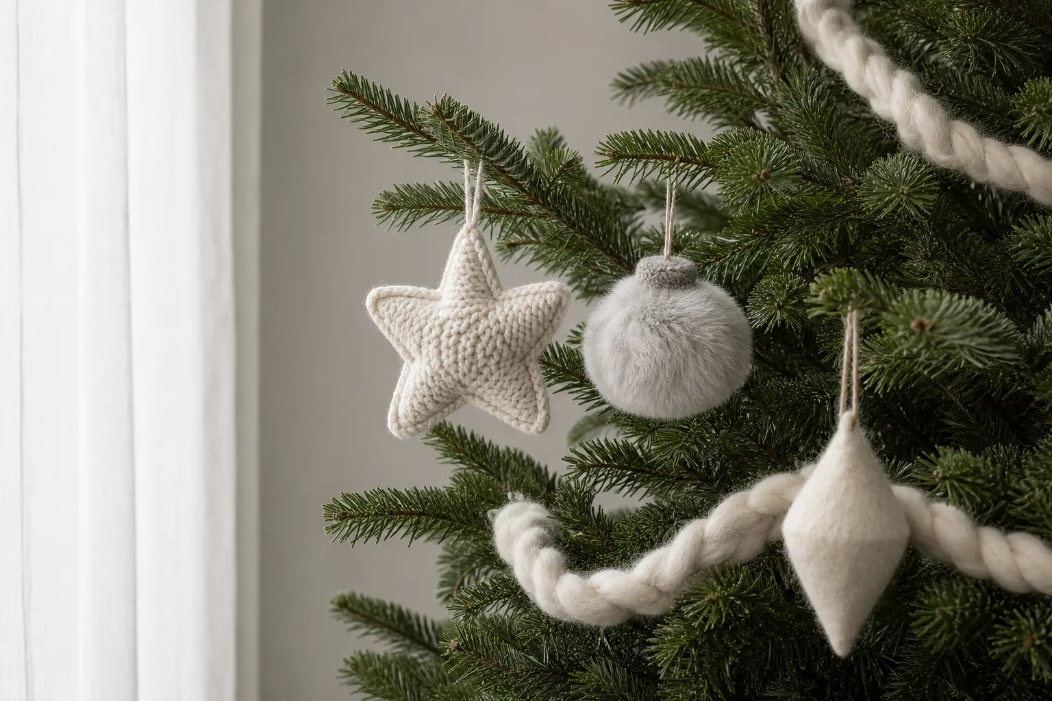 Skandi-Weihnachtsbaumschmuck mit Strickstern, Wolle und Kunstfell