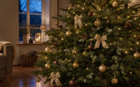 Weihnachtsbaum Deko in Gold, Mocha und Waldgrün am Abend