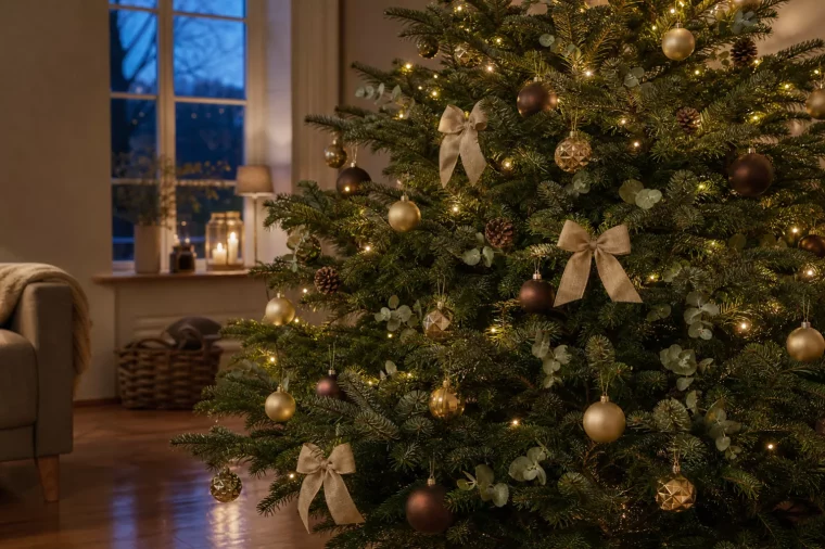 Weihnachtsbaum Deko in Gold, Mocha und Waldgrün am Abend