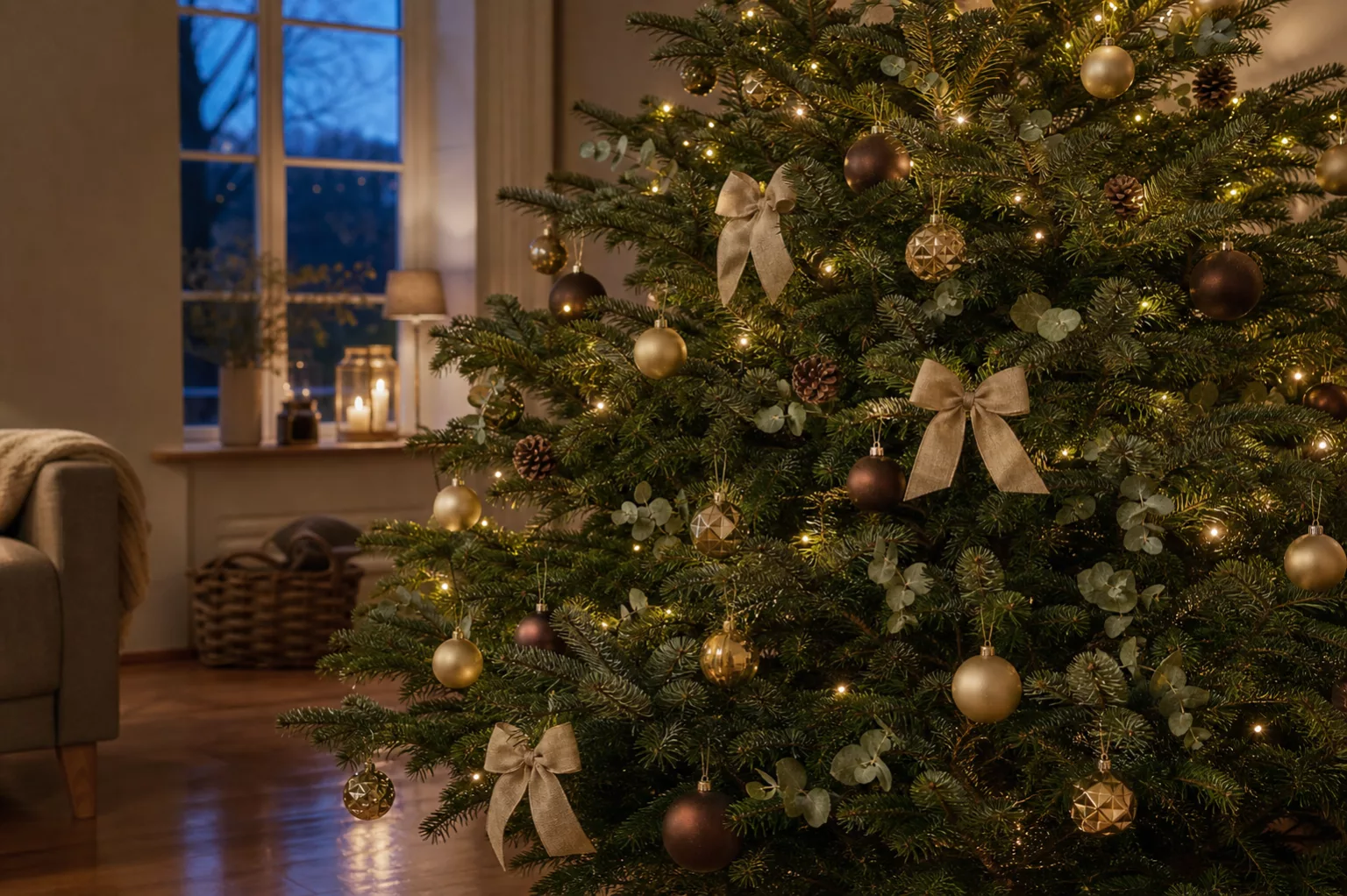 Weihnachtsbaum Deko in Gold, Mocha und Waldgrün am Abend