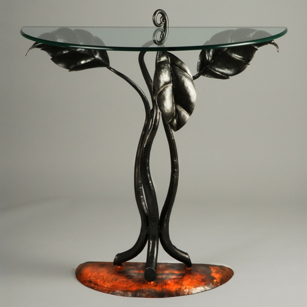 Tisch-in-halbrunder-Form-Metall und Glas