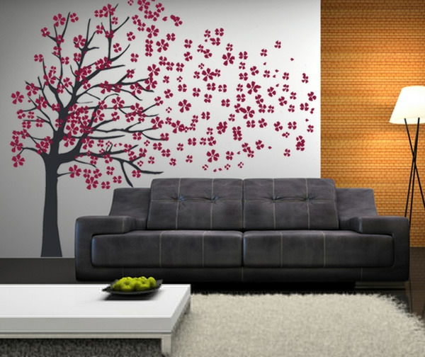Wandbild-mit-einem-Baum-und-rosa-Blüten-Baum-Wandbild-Design