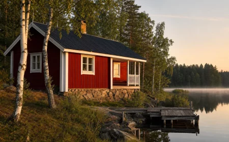 Rotes Ferienhaus in Schweden am See mit weißen Zierleisten