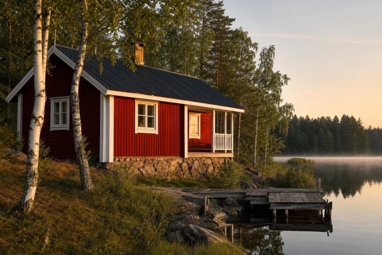 Rotes Ferienhaus in Schweden am See mit weißen Zierleisten